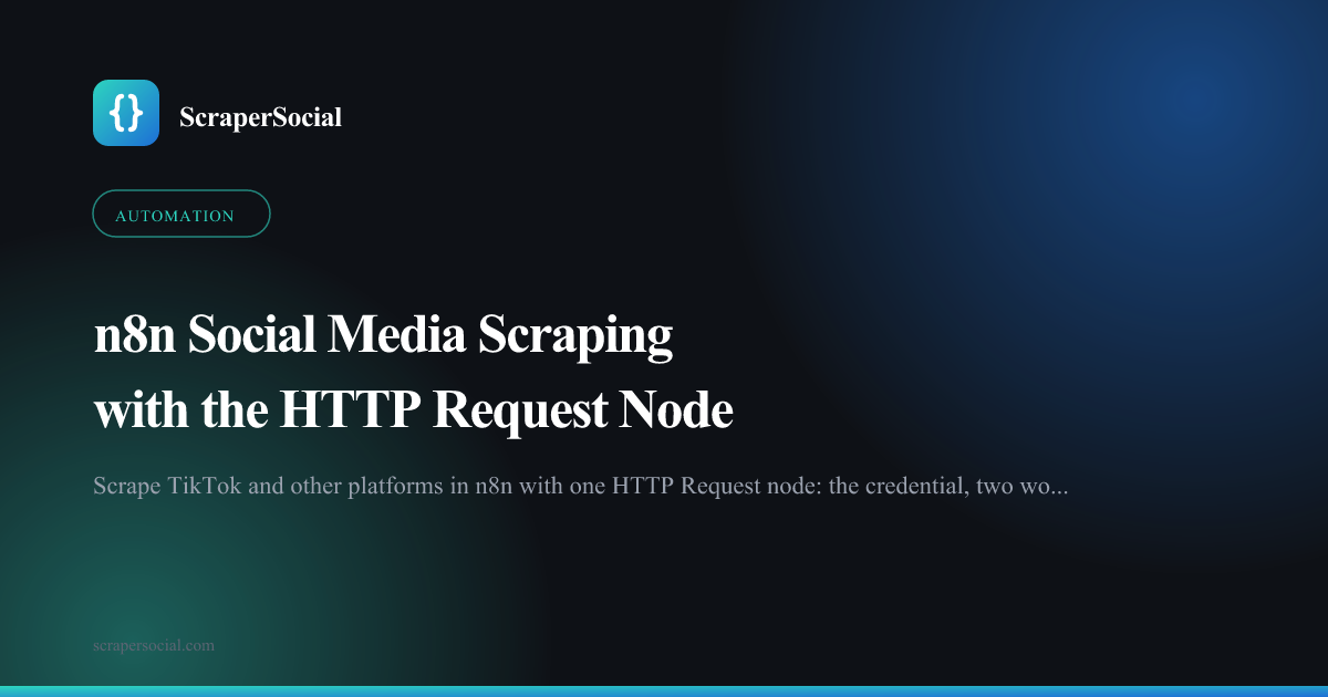 n8n social media scraping with the HTTP Request node: one credential, one node per endpoint, results split into items, repeats removed and rows stored on a schedule.